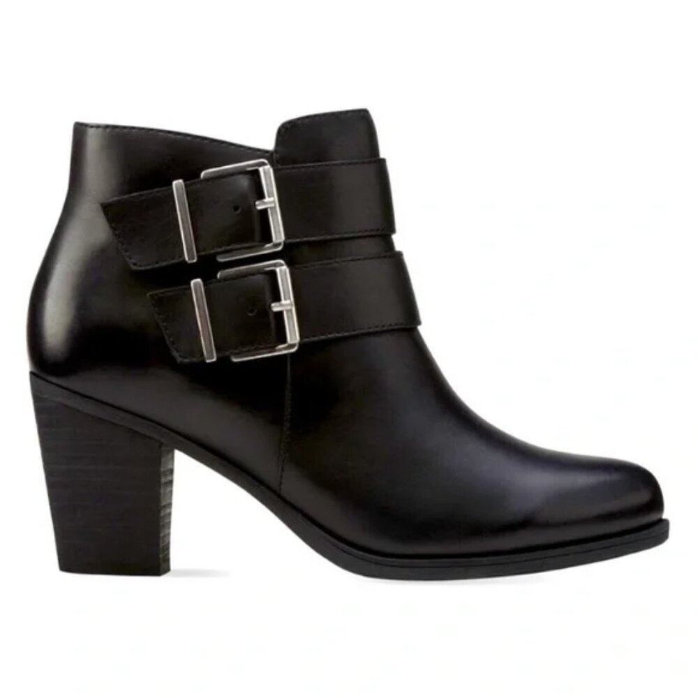 CLARKS ARTISAN Women's Black Leather PALMA RENA Chunky Stacked Heel Ankle Boot 9